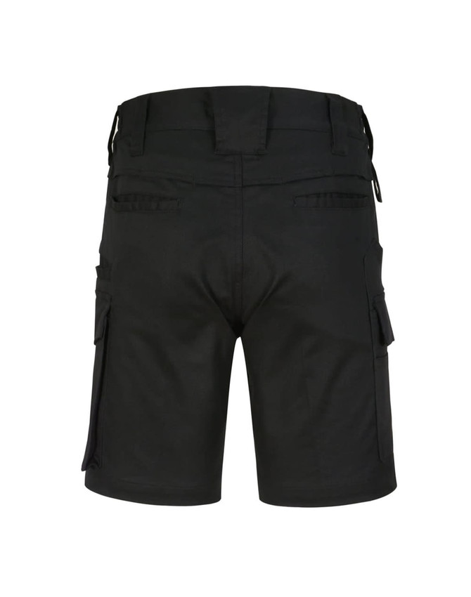 Black unisex cotton stretch ripstop work shorts with pockets and adjustable features. The back view showcases the design.