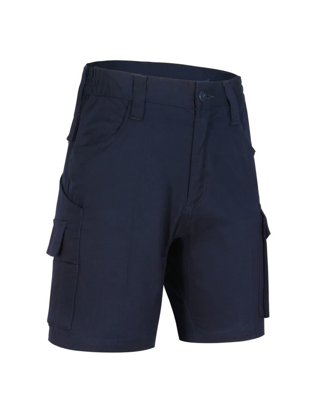Unisex cotton stretch ripstop work shorts in navy, featuring multiple pockets and a fitted design.