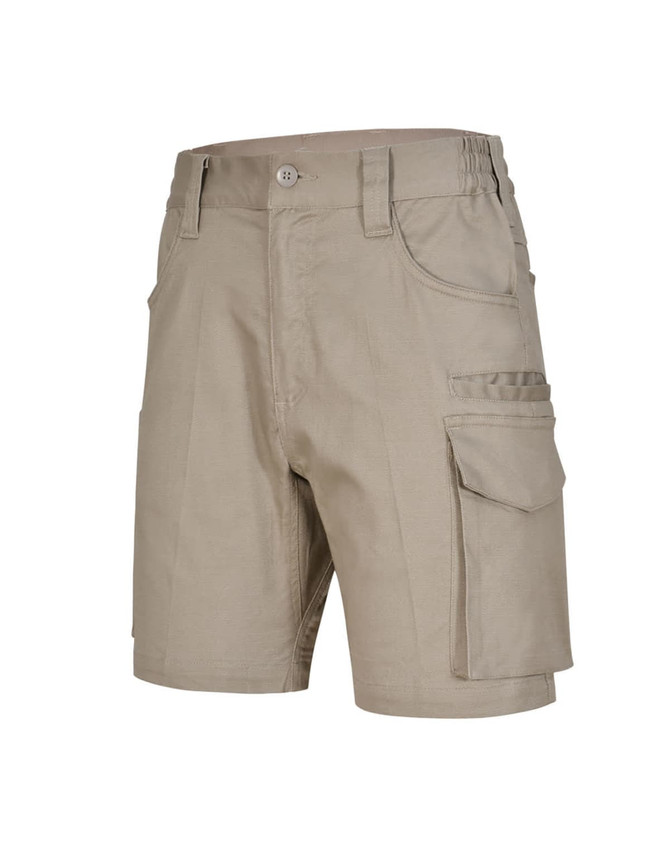 Beige unisex cotton stretch ripstop work shorts with multiple pockets and a logo. Suitable for workwear.