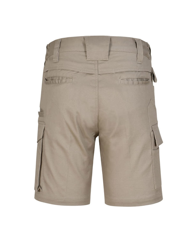 Beige unisex cotton stretch ripstop work shorts with cargo pockets and a logo on the back.