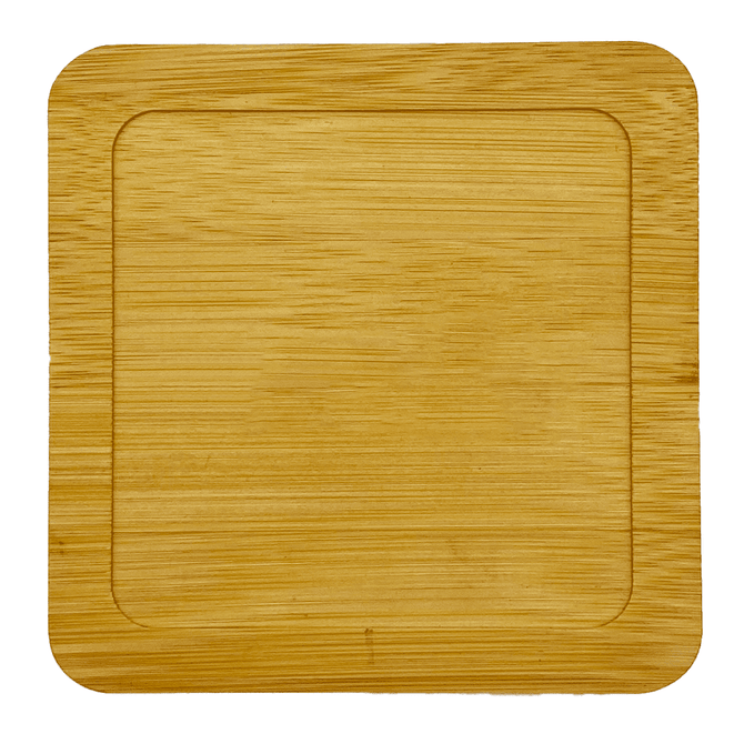 A bamboo coaster with a square shape and rounded edges, featuring a smooth, natural finish.