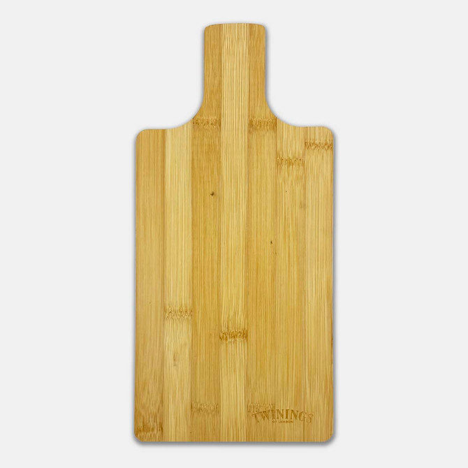 A bamboo paddle board in a natural wood finish with a handle, featuring a logo. Ideal for chopping and serving.