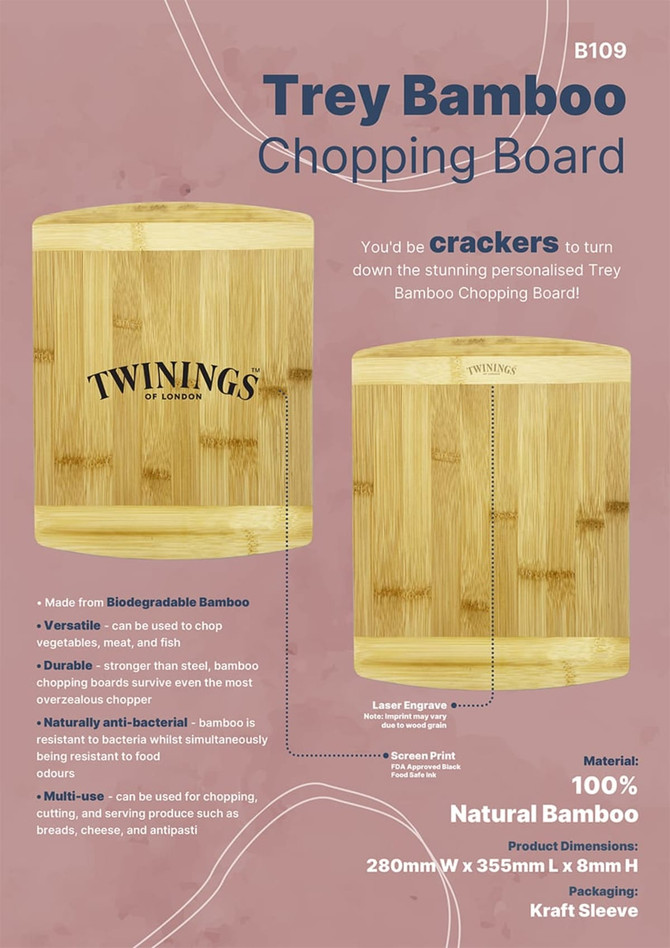A bamboo chopping board with a natural finish, featuring a logo and information about its features and materials.