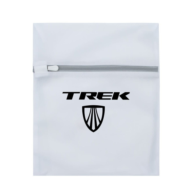 A white laundry bag with a zip, featuring a logo on the front.