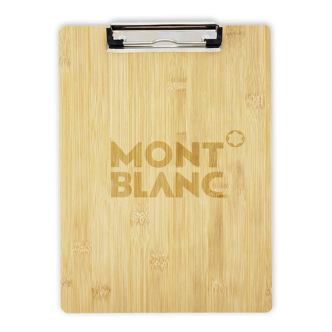 A bamboo clipboard featuring a metal clip and a logo, showcasing a natural wooden finish.