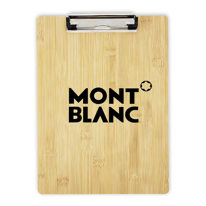 A bamboo clipboard with a metal clip, featuring a black logo prominently on the surface.
