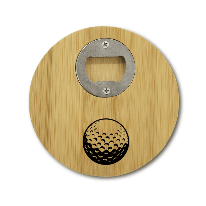 A round bamboo coaster with a silver bottle opener and a golf ball design in black.