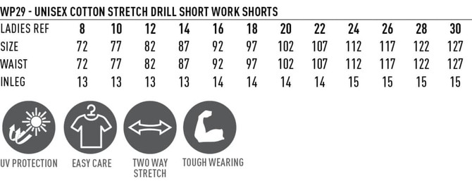 Unisex cotton stretch drill work shorts in various sizes, featuring a logo and offering UV protection and two-way stretch.