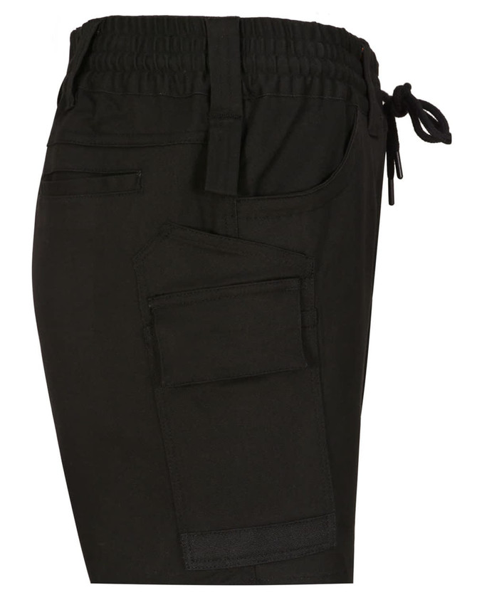 Unisex cotton stretch drill shorts in black, featuring a side pocket and an elasticised waist with a drawstring.