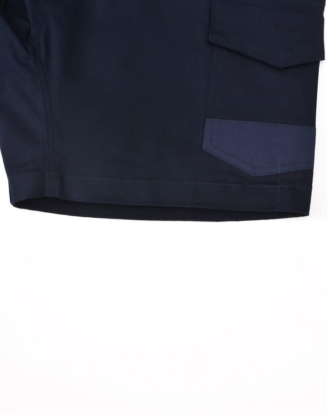 Unisex cotton stretch drill shorts in navy with a pocket detail. Features branding on the garment.