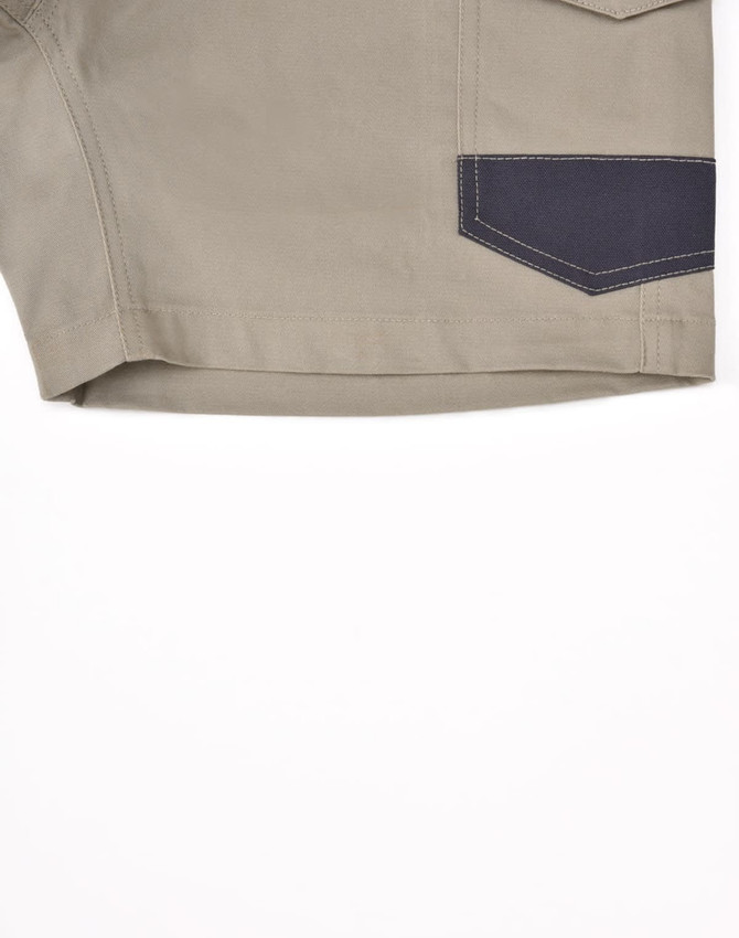 Unisex cotton stretch drill work shorts in khaki with a navy accent pocket. Features a logo on the side.