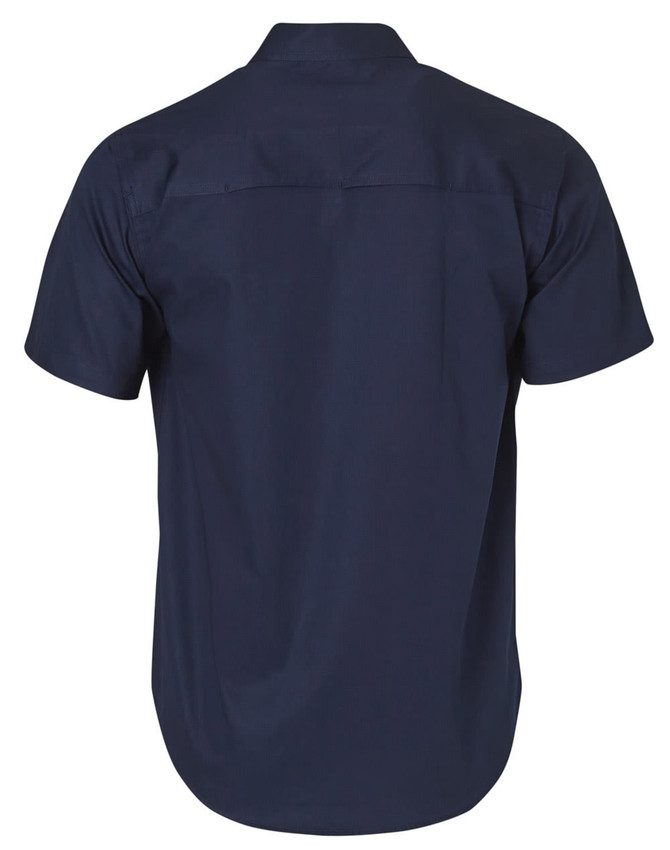 A navy short-sleeve cotton work shirt with a back yoke and one logo.