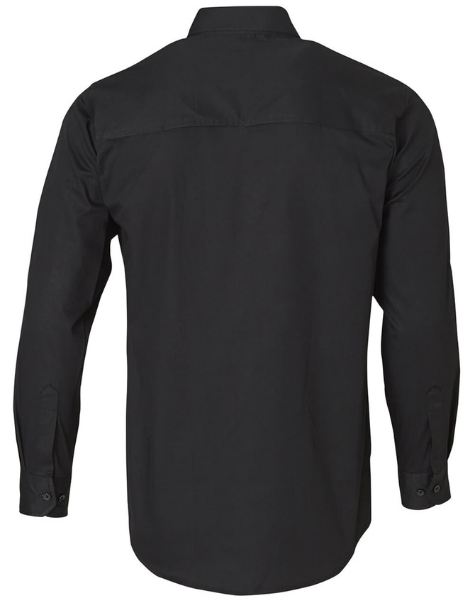 A long-sleeve cotton work shirt in black with a logo on the back.