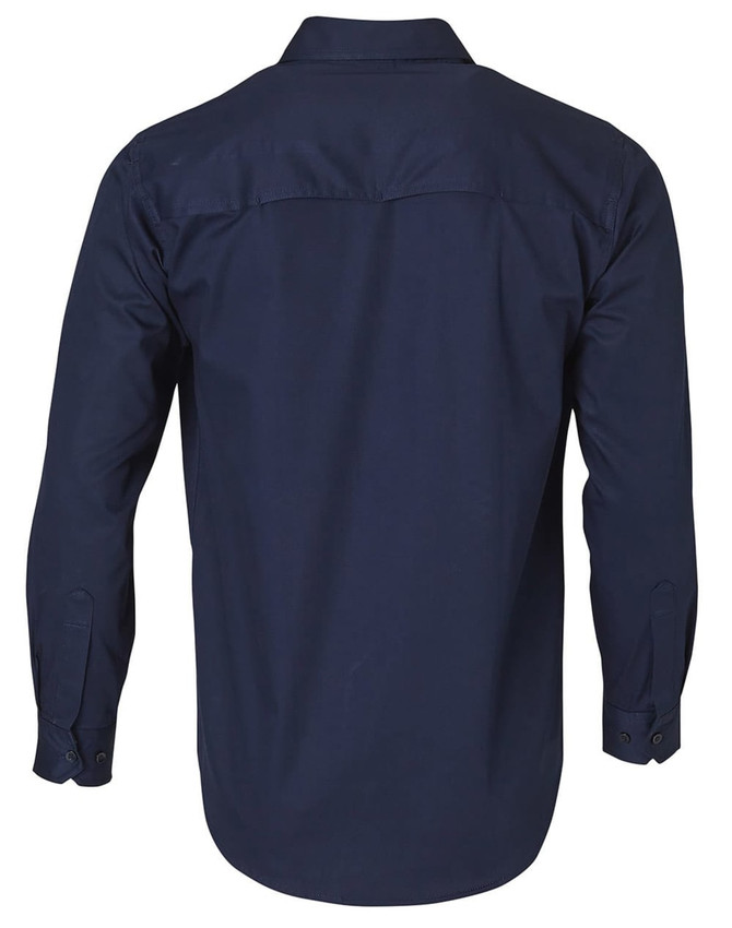 A navy long-sleeve cotton work shirt with a back yoke and buttoned cuffs. Features a logo.