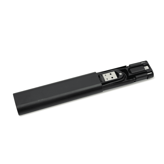 A black travel kit containing charging cables with a compact design and built-in storage.