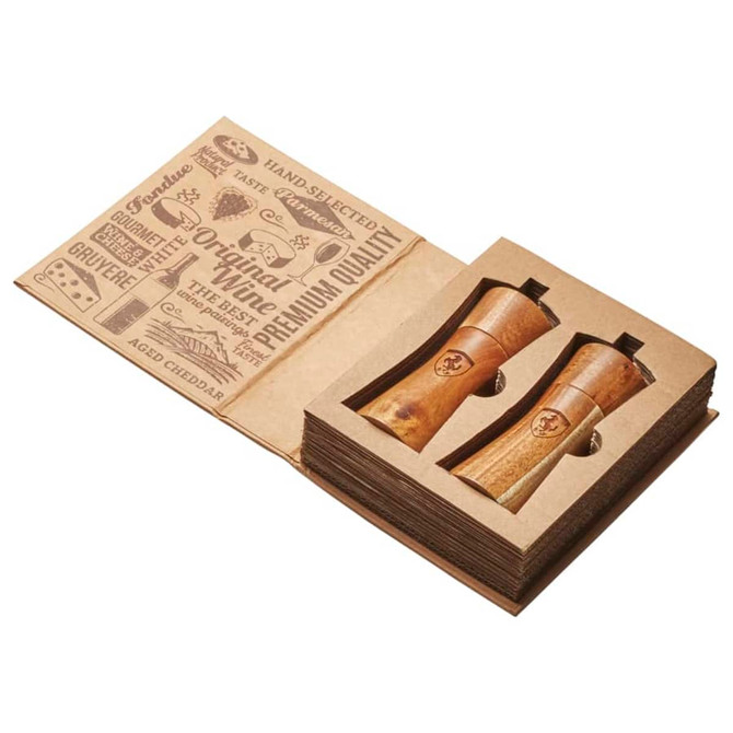 A salt and pepper set in natural wood finish, presented in a decorative box with illustrations and a logo.