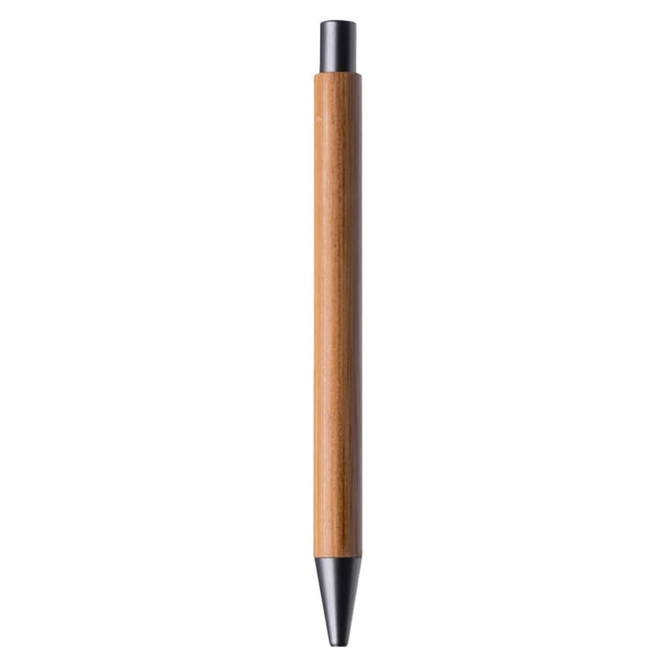 A bamboo pen with a black tip, featuring a sleek and simple design, and a branding logo.