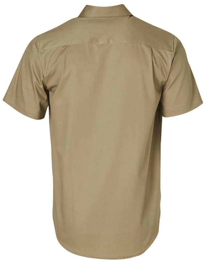 A khaki short sleeve work shirt featuring a relaxed fit and a back yoke design, with a logo present.