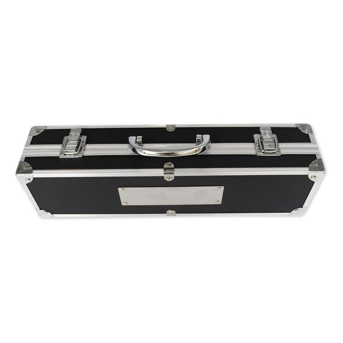 A black deluxe case with silver accents, featuring a handle and dual clasp closures.