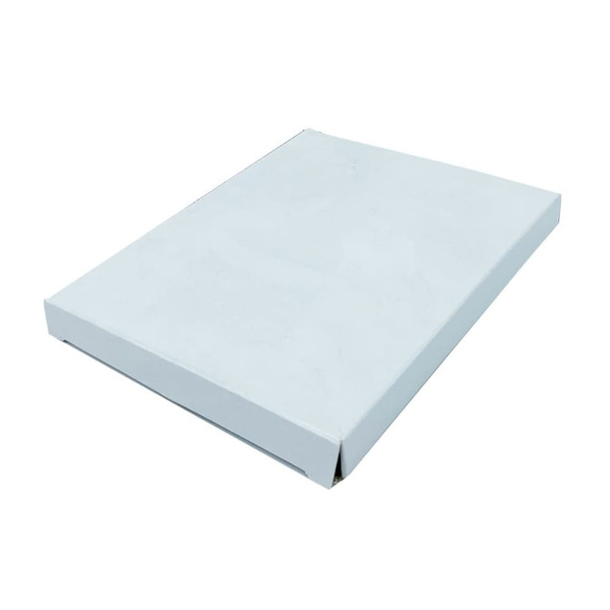A flat, white promotional box with a simple design, suitable for packaging.