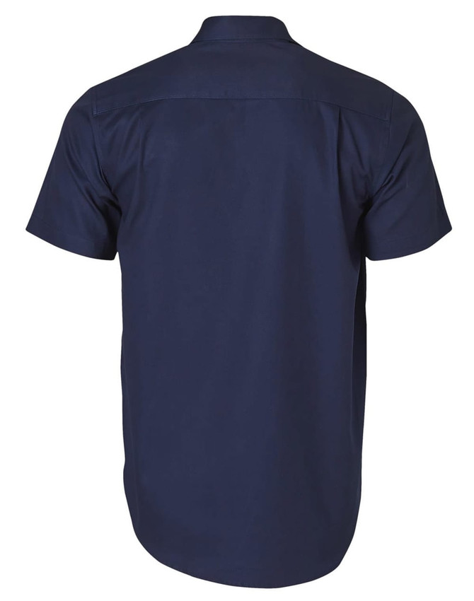 A navy blue short-sleeved work shirt with a pen holder pocket and a branding logo.