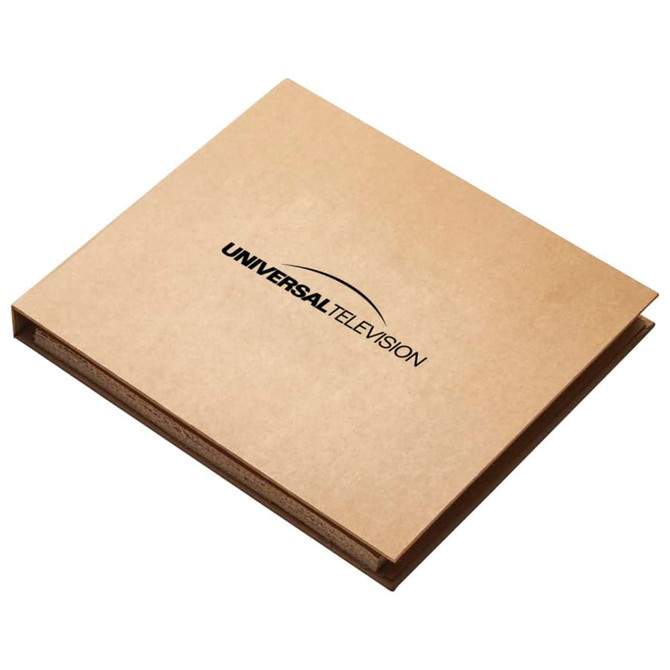 A brown, recycled cardboard folder with an embossed logo on the front.