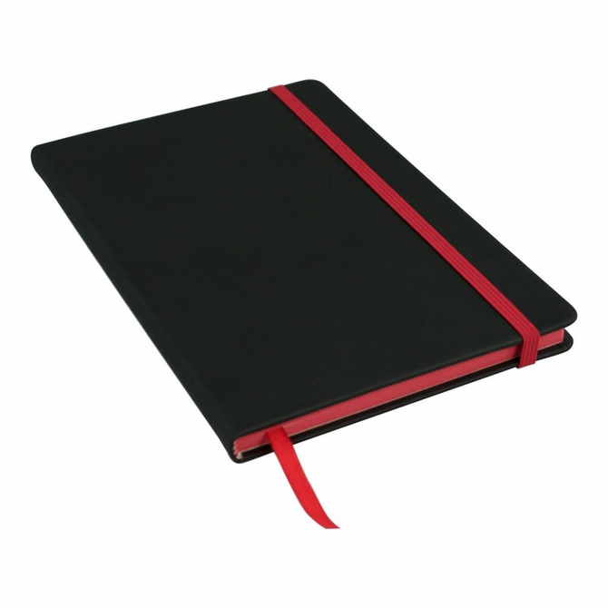 A black A5 journal with a red elastic band and ribbon marker, featuring a simple design and a logo on the cover.