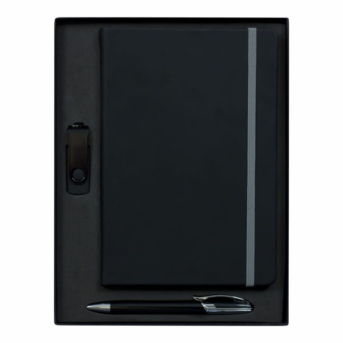 A black A5 journal with a grey elastic strap, accompanied by a pen and a USB drive, set in a black box.