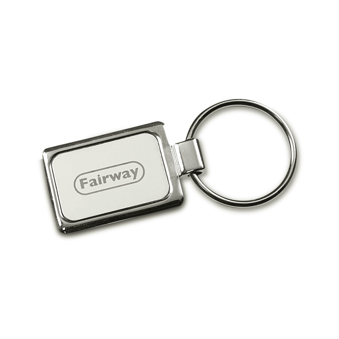 A rectangular metallic keychain with a silver finish and a white panel featuring a logo.