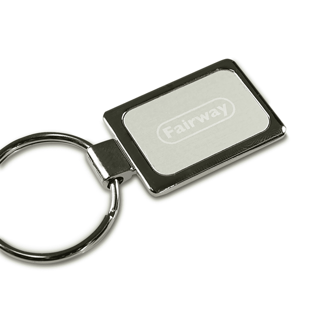 A rectangular silver keychain with a polished finish and a blank insert area for customisation, featuring a metal ring.