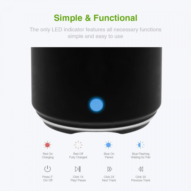 A black Bluetooth speaker with a blue LED indicator at the base, showcasing various function prompts.