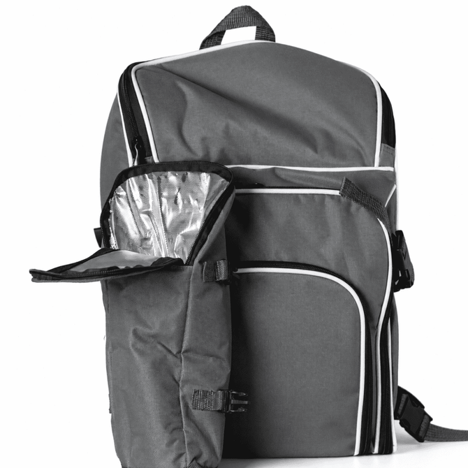 A grey picnic backpack with insulated sections and a front pocket, featuring decorative white trim and straps.