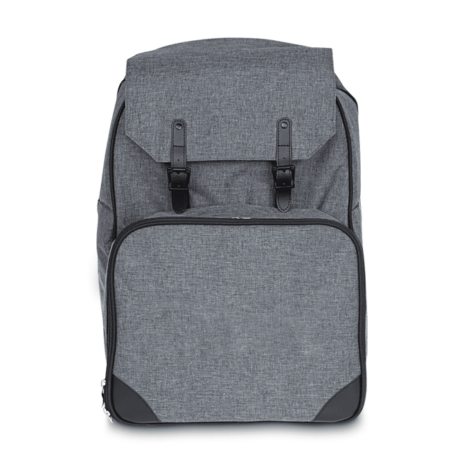 A grey backpack with a textured finish, featuring two straps on the top and a front pocket. It has a logo on the front.