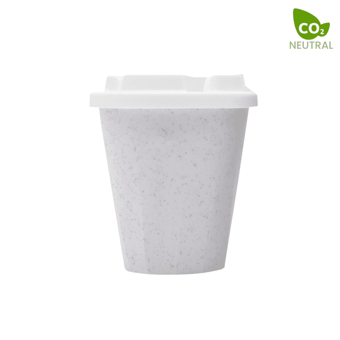 A drink cup made of white material with a speckled design, featuring a logo and a ridged lid.