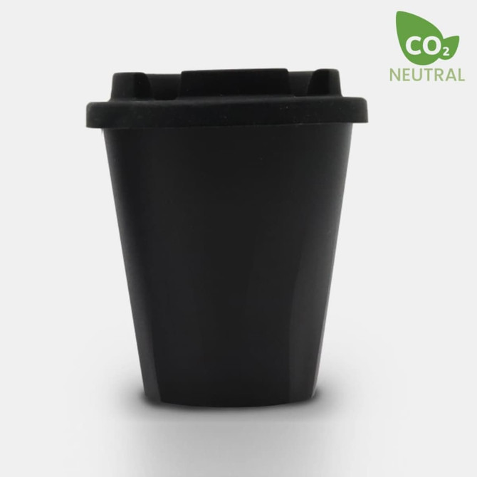 A drink bottle in a sleek black design with a lid and rounded base. Features a logo.
