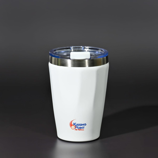 A drink bottle in white with a stainless steel bottom and a clear lid, featuring a logo on the exterior.