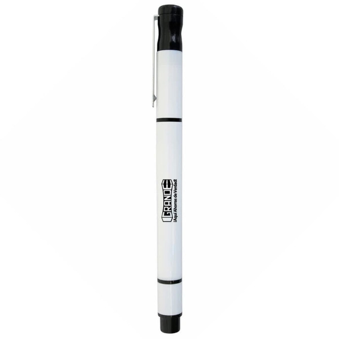 A dual pen and highlighter in white and black, featuring a logo on its body.