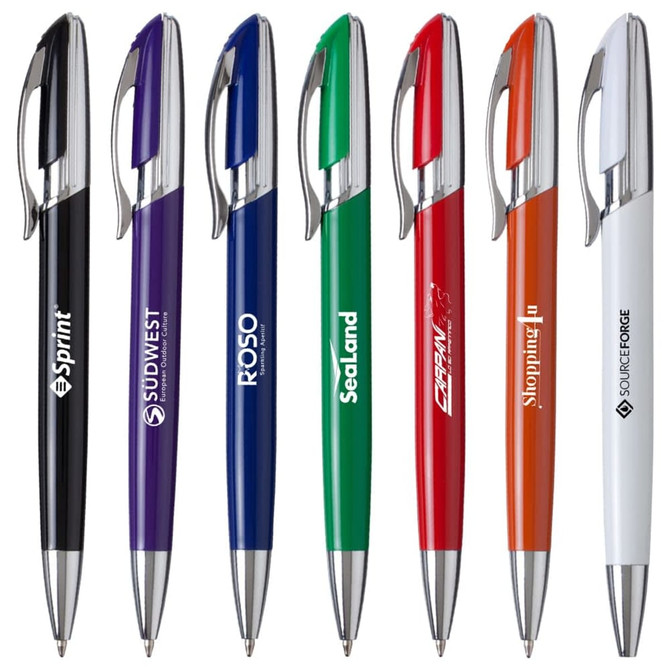A collection of metal pens in black, purple, blue, green, red, orange, and white with silver accents, each featuring a logo.