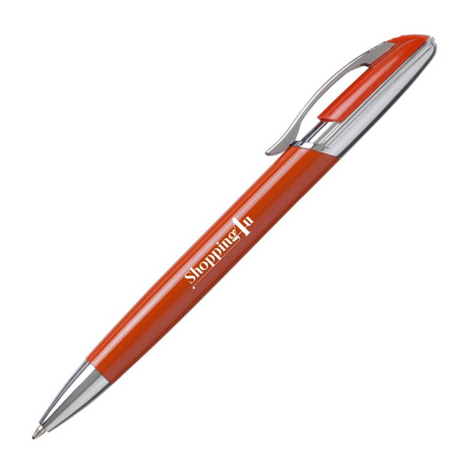 An orange metal pen with chrome accents and a logo on the barrel.