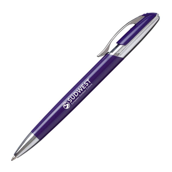 A metal pen in purple with a silver clip and branding on the barrel.