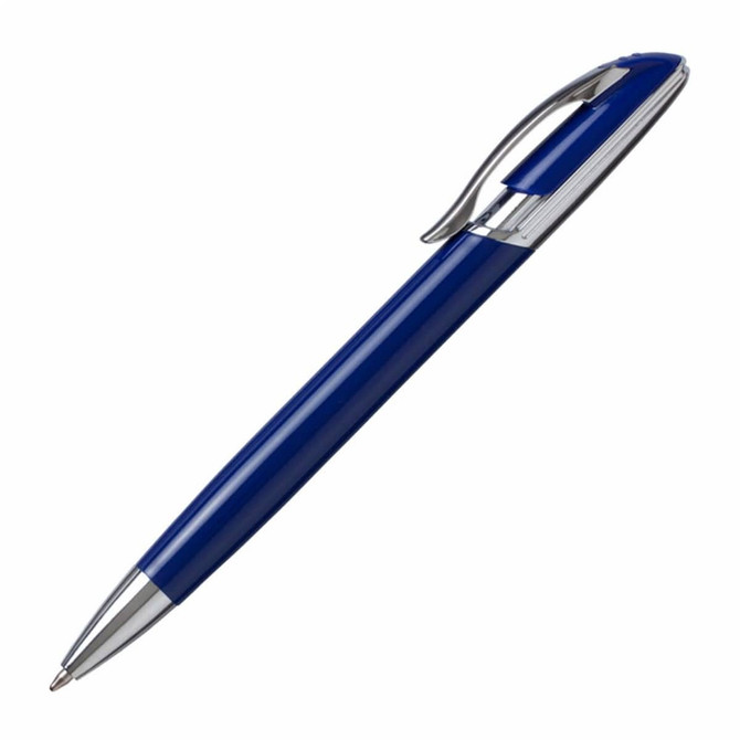 A metal pen with a blue barrel and silver accents, featuring a clip and a branding logo.