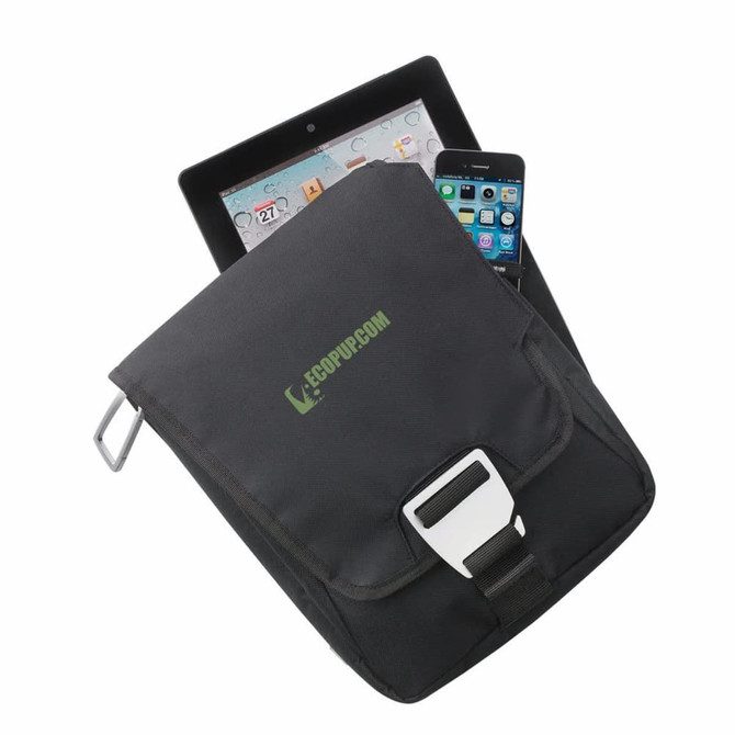 A black messenger bag with a buckle, holding a tablet and a smartphone inside. It features a logo on the front.