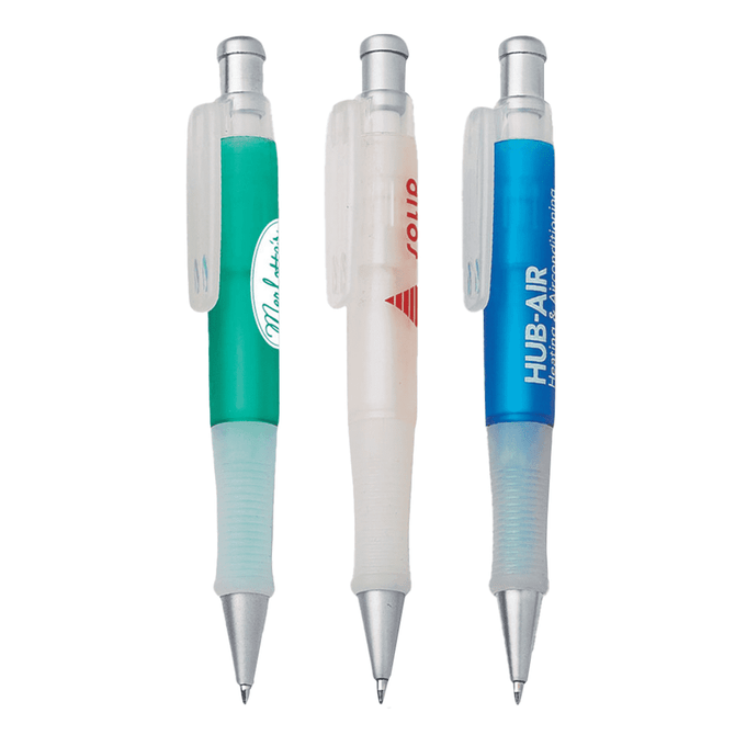 Three plastic pens are displayed: one green, one translucent white, and one blue, each with a clip and branding on the barrel.
