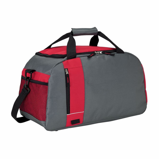 A grey and red sports bag with a shoulder strap and side mesh pocket, featuring black handles and zippers.