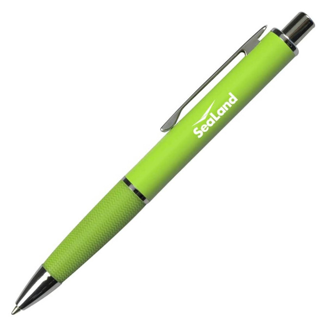 A green metal pen with a textured grip and a clip, featuring a logo on its side.