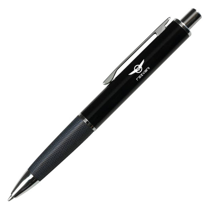 A black metal pen with a textured grip and shiny clip, featuring a logo on the barrel.