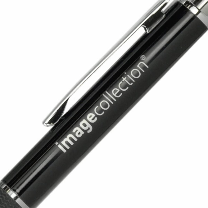 A black metal pen with a shiny silver clip and a logo on the barrel.