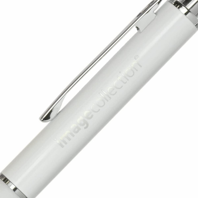A metal pen in white with a silver clip, featuring a logo. Ideal for elegant writing.