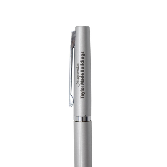 A silver pen with a sleek design and a clip, featuring a logo or branding on the barrel.