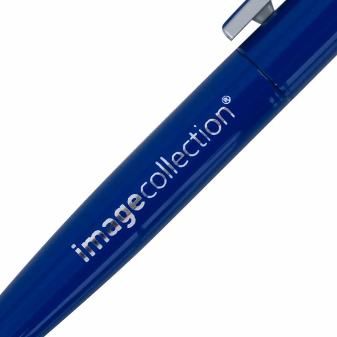 A blue pen with a silver clip, featuring a logo on the barrel.
